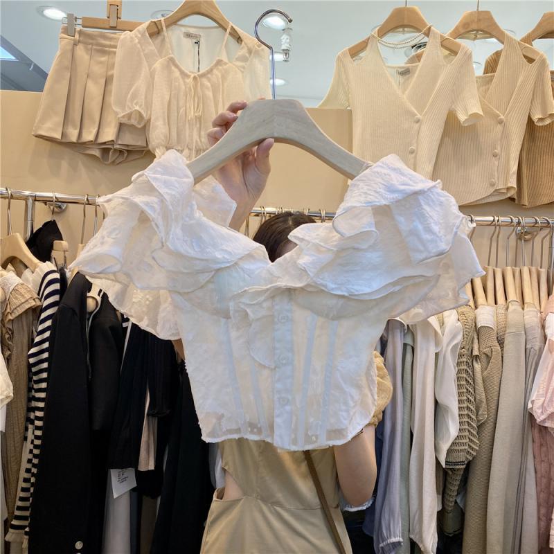 Red Rasa desain one-shoulder daun teratai tepi pinggang bungkus lembut dada kecil kemeja musim panas temperamen kemeja retro atas pakaian wanita