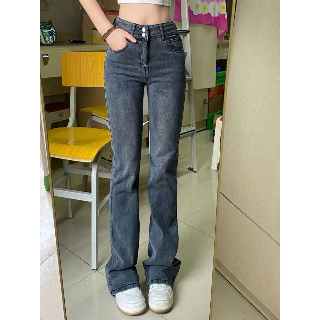 Red Smokey abu-abu micro-flare jeans wanita musim semi dan musim panas pinggang tinggi melangsingkan tinggi sempit versi lurus celana tapal kuda musim panas