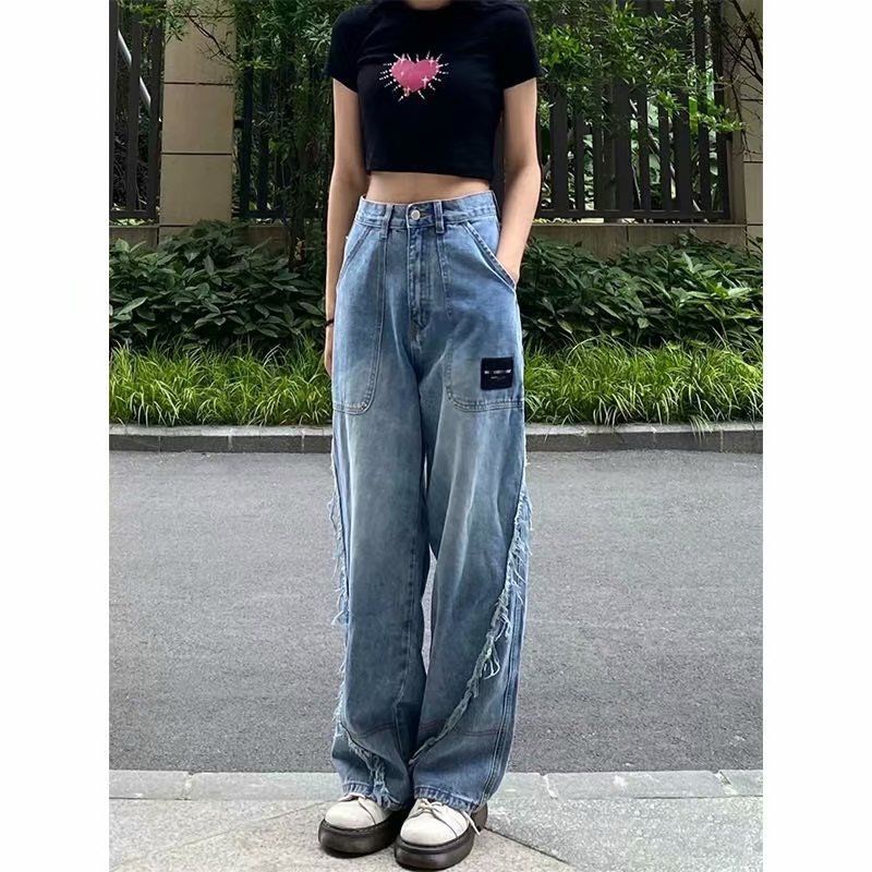 Red Eropa dan Amerika Splicing Retro Jeans Wanita Musim Gugur Bagian Tipis Rasa Desain Tinggi dan Tipis Lebar Mengepel Celana In Tide