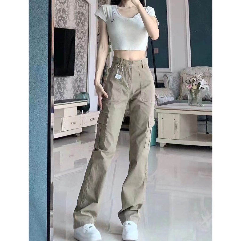 Red Celana jins netral berkaki lebar Amerika dengan gaya high street high waist all-match khaki retro celana lurus kasual