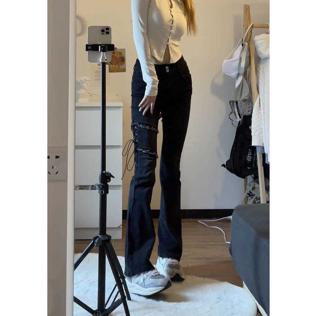 Red High street girl strap design micro boot jeans women s spring and autumn new hot girl high waist slim slim mopping pants