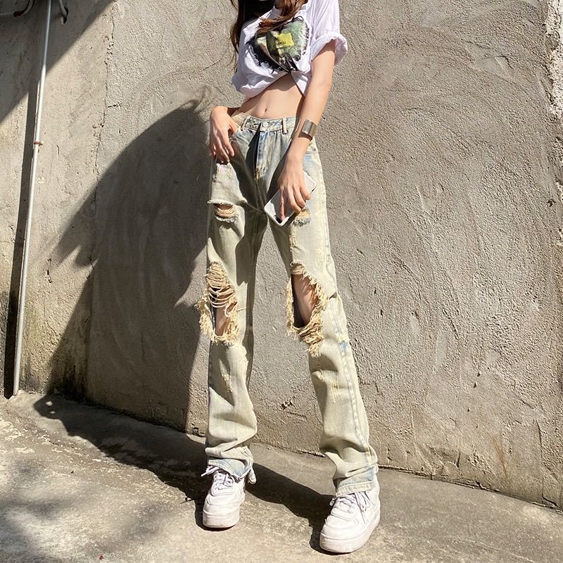 Red New hot girl ripped straight jeans female vibe high waist high street tide ins pengemis kepribadian hiphop fried street