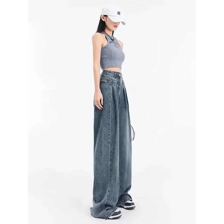 Red American retro high-waisted wide-leg jeans wanita musim semi dan musim panas longgar tabung lurus tipis berbentuk buah pir sosok malas mengepel lantai