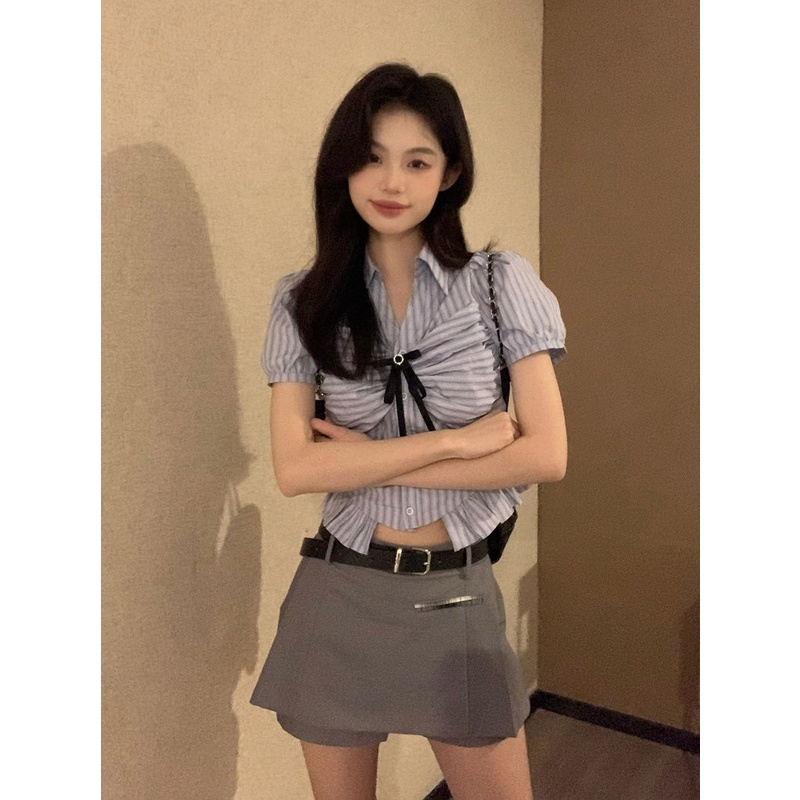 Red Desain Asli Kemeja Rapi Pinggang Set Rok Lipit