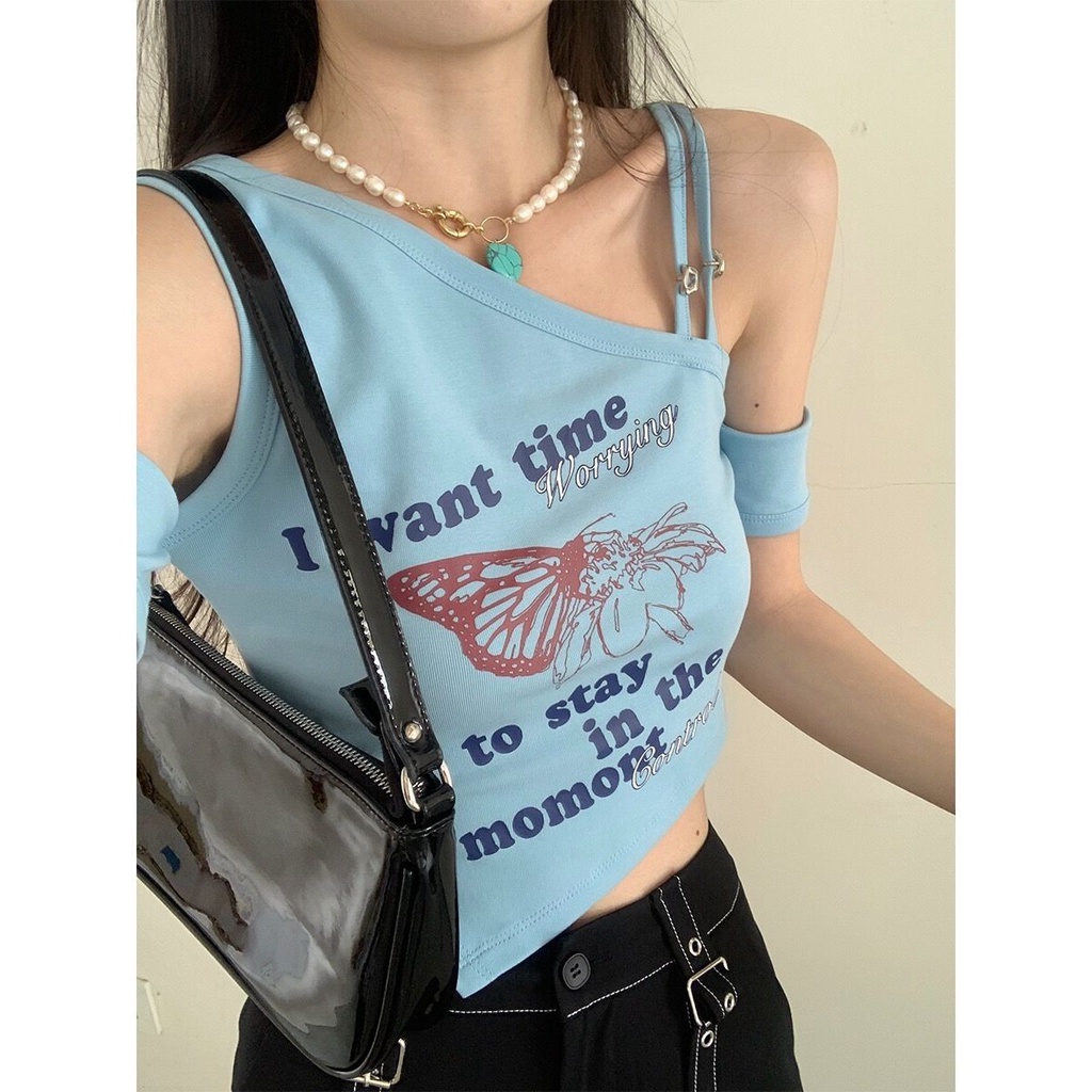 Red Rasa Desain Amerika Manis Keren Babes Ketat T-shirt Siswa Perempuan Musim Panas Tidak Teratur Off-The-Shoulder Pendek Bocor Pinggang pasang Atas