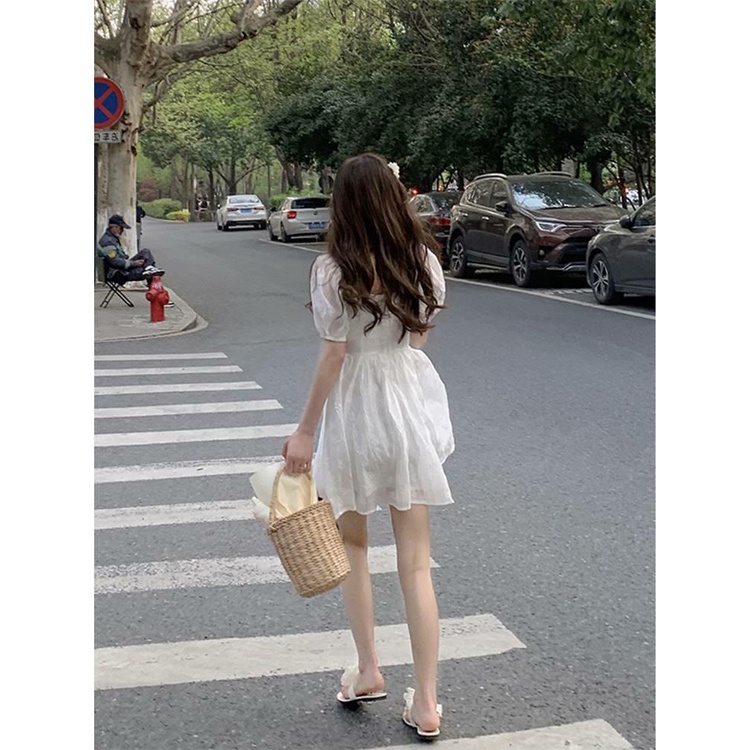 Red Gaun lengan pendek lengan engah Prancis wanita musim panas bagian tipis pinggang pelangsing putih rok pendek yang indah cinta pertama rok istirahat teh