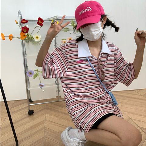 Red 2023 Musim Panas Baru Bergaris Kerah POLO Lengan Pendek T-shirt Wanita Versi Korea Ins Gaya Malas Longgar Atasan All-Match