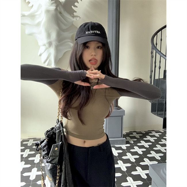 Red Gaya Korea Chic Slim Fit All-Match Slim Satu Kata Kerah Lengan Panjang T-shirt Wanita Awal Musim Gugur Baru Keinginan Murni Warna Yang Sesuai dengan Crop Top