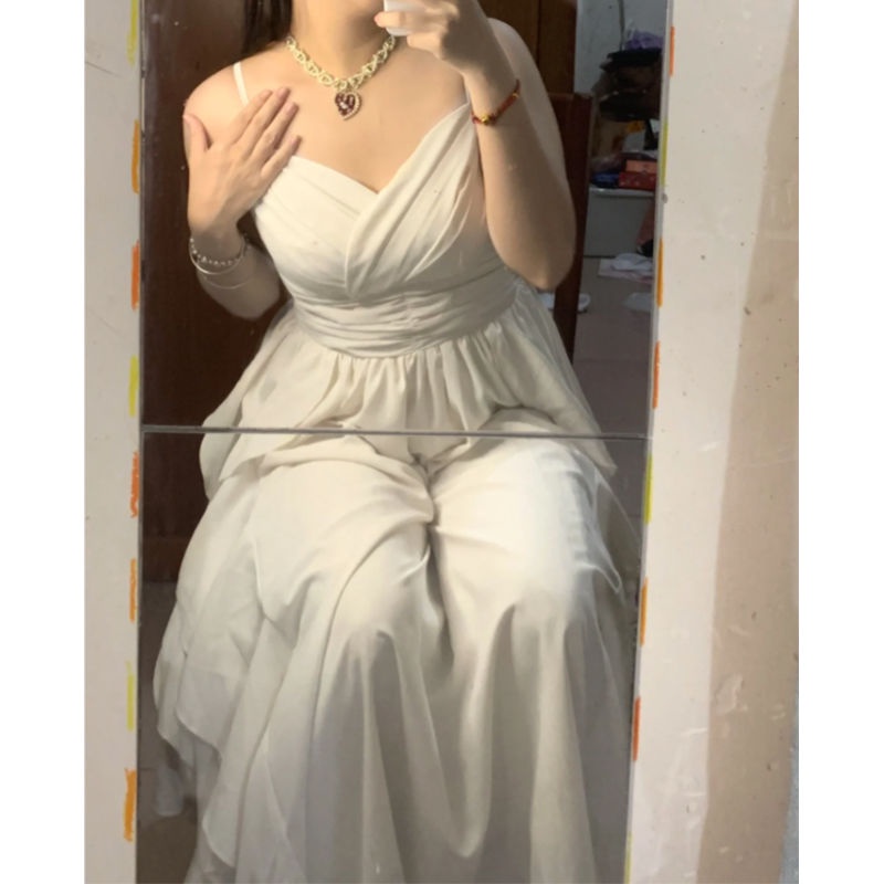 Red Ukuran besar wanita super peri putih gaun musim panas wanita rok suspender temperamen rok panjang lembut terlihat tipis dan menutupi daging sedikit gemuk