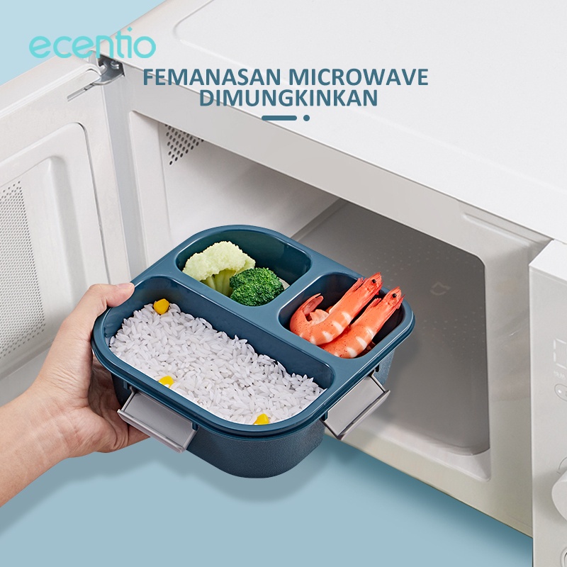ecentio kotak makan anti tumpah 3 Sekat 1100ml free sendok dan toples 100ml BPA Free