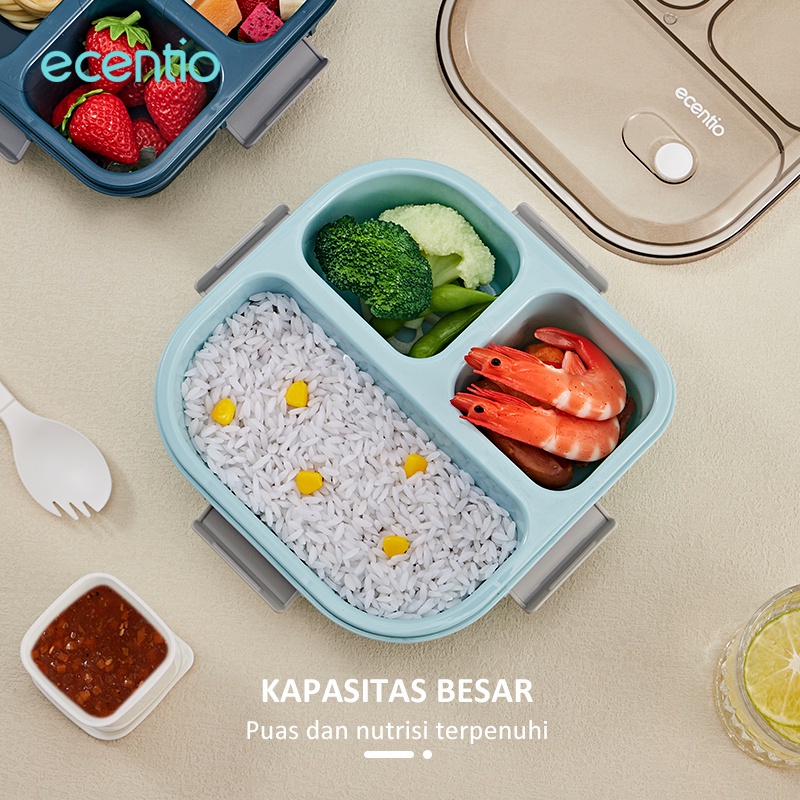 ecentio kotak makan anti tumpah 3 Sekat 1100ml free sendok dan toples 100ml BPA Free