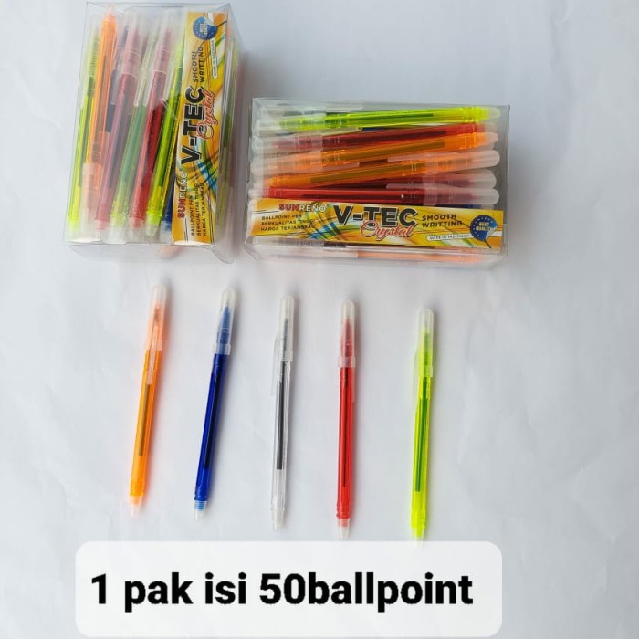 

Sale Ballpoint Pen, Pulpen SUNRENO V-TEC Crystal Warna-warni 1pak isi 50pcs /ALAT TULIS