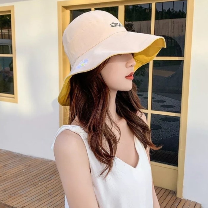 Topi wanita Topi Bucket Wide Wanita/Topi Bucket Pantai/Topi Golf Bolak balik Tali - Krem SALE Distro