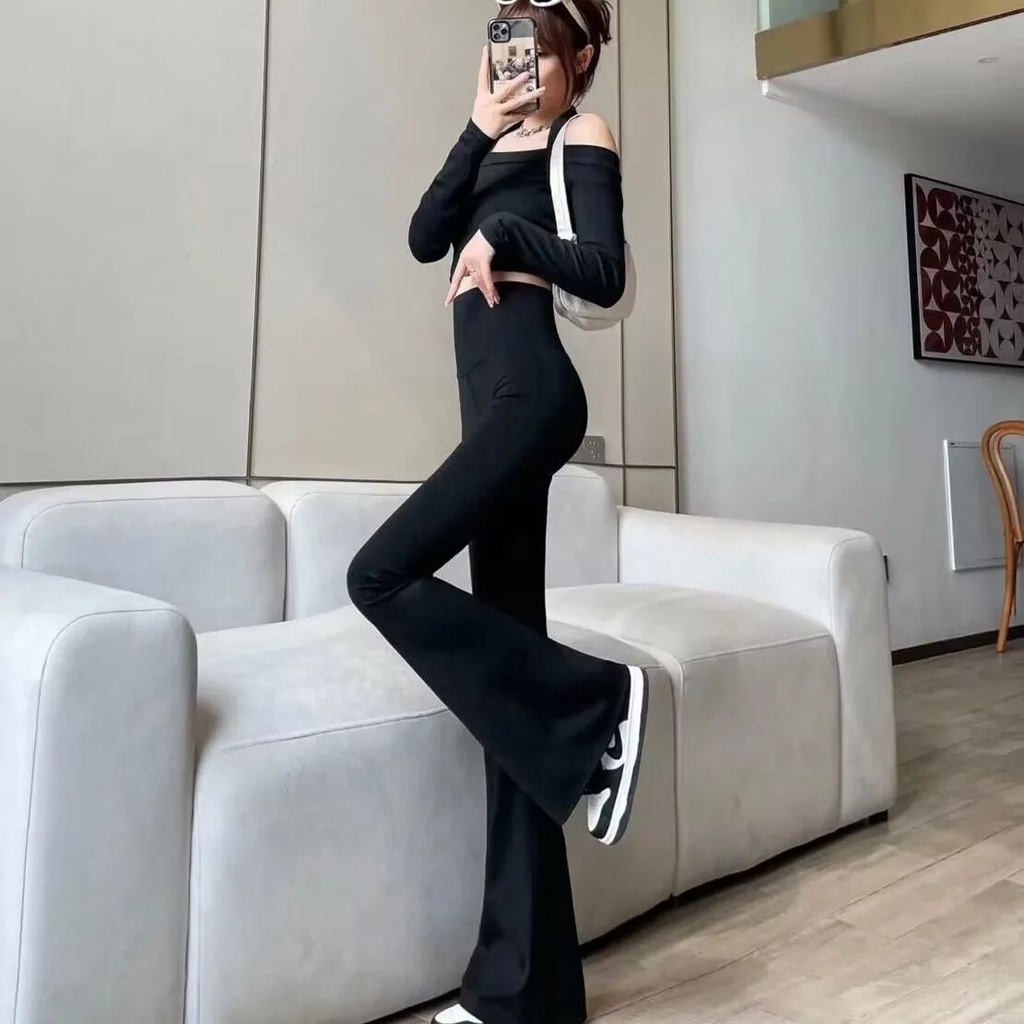 Red Celana berkobar bermutu tinggi celana barbie tipis berpinggang tinggi musim semi, musim gugur dan musim dingin plus celana beludru slim-fit fashion yoga celana pel kaki lebar