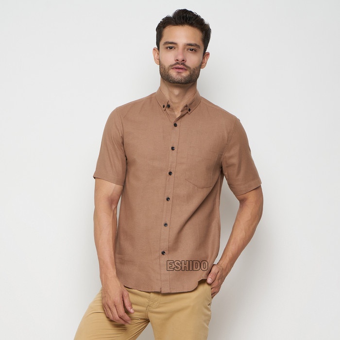 Kemeja Pria KEMEJA COKLAT PRIA LENGAN PENDEK - M(Y0G5) Kemeja Pria Distro GRATIS ONGKIR BISA COD Kem
