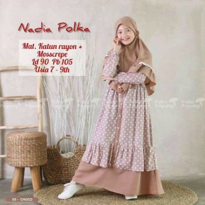 gamis anak Nadia Polka Size L-XL 6-12 Tahun | Gamis Anak Perempuan Nadia Polka - Mocca, XL(P7S5) baj