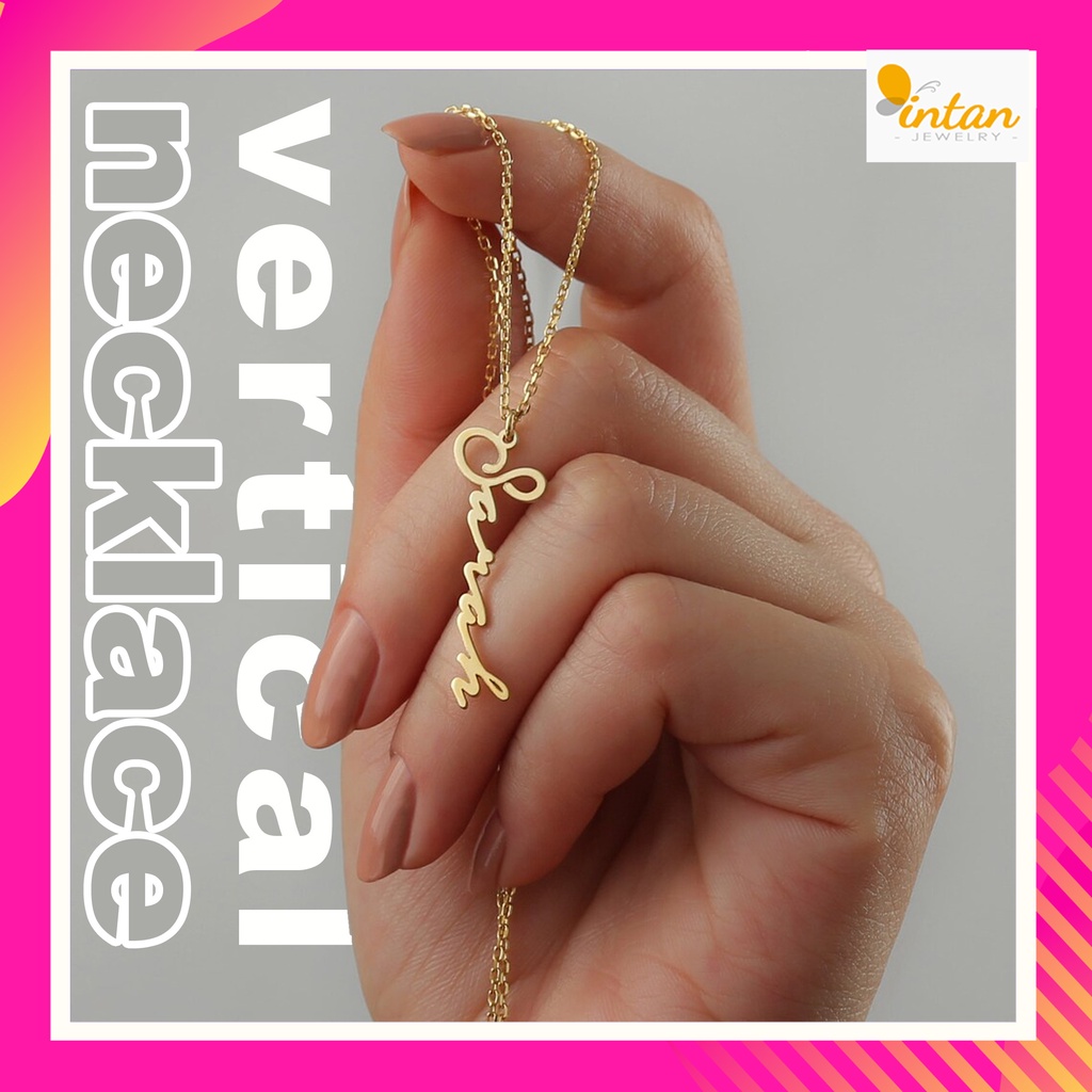 Kalung Nama Vertikal Huruf Miring Turun Kebawah Gantung Vertical Necklace Custom Ukir Nama Anak Tita