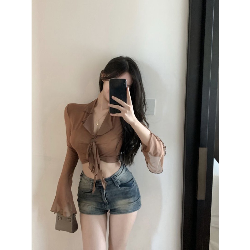 SuhaoMerasa Gaya Perancis Kemeja Lengan Panjang Musim Semi Tidak Teratur Slim-Fit Atasan Bottoming P