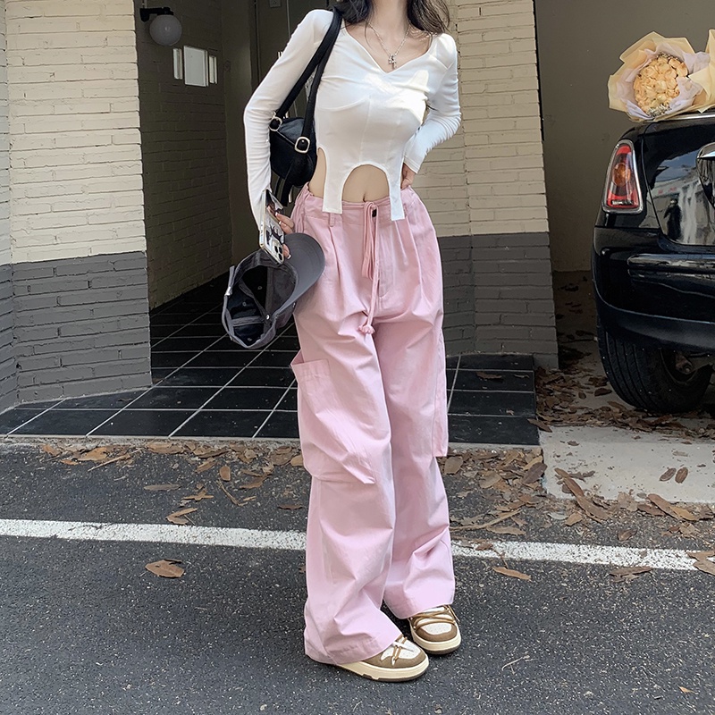 Sweet cool hot girl American retro tooling casual pants women s spring pink high waist loose straight wide leg pants trousers