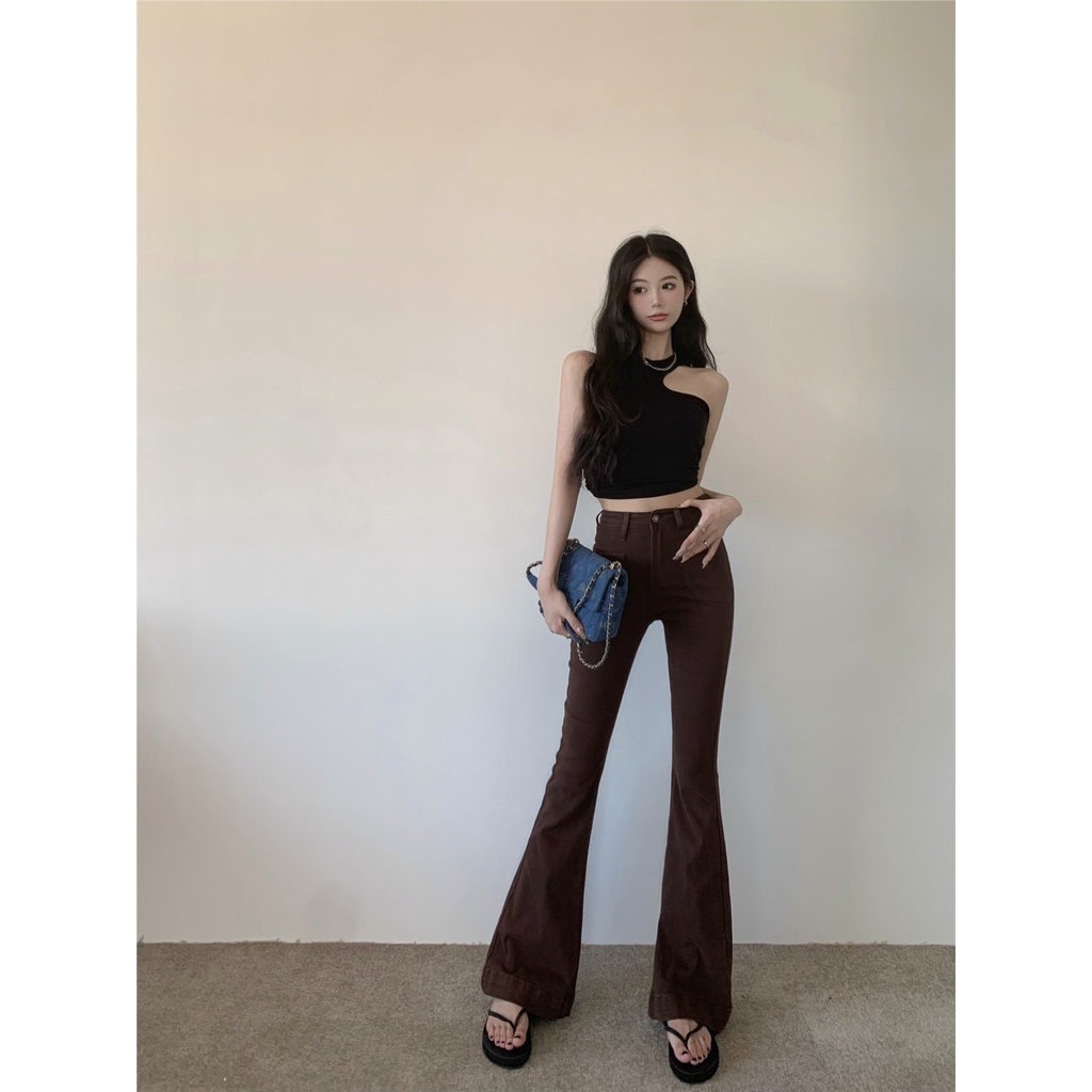 Celana jeans berpinggang tinggi retro gaya Hong Kong untuk wanita musim panas celana berkobar orang-orang kecil terlihat kurus dan semua pertandingan celana berkobar