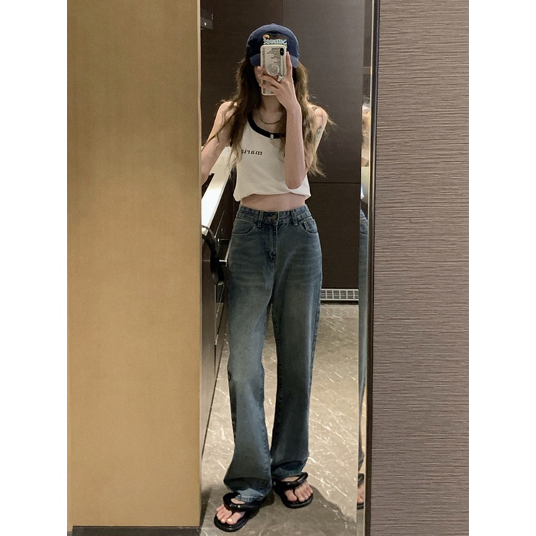 Celana jeans lurus retro wanita musim panas gaya Hong Kong all-match celana ramping pinggang tinggi longgar tinggi mengepel celana lebar kaki