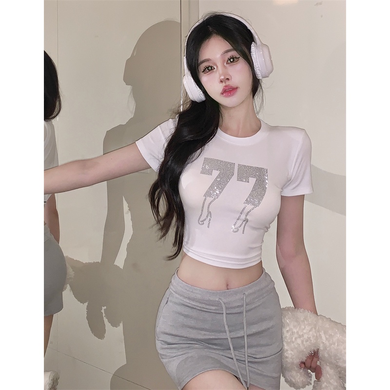 ❧#COD Suhao industri berat berlian lengan pendek T-shirt wanita musim panas keinginan murni huruf putih bahu depan ketat manis hot girl crop top pendek