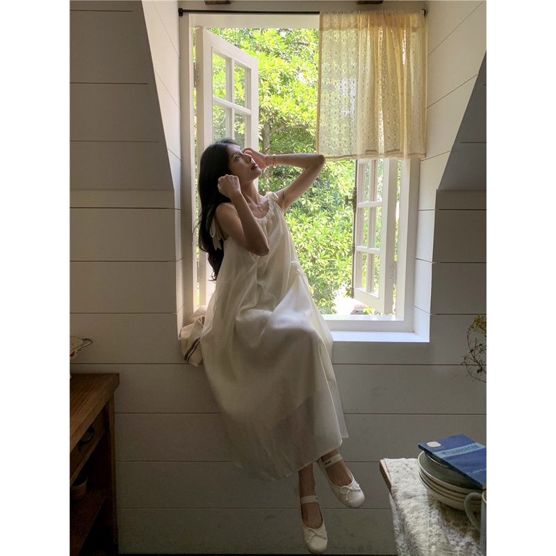 ◑Gaun sifon tanpa lengan yang manis dan lembut peri musim panas rok angin malas temperamen tepi pantai rok panjang sedang kelas atas