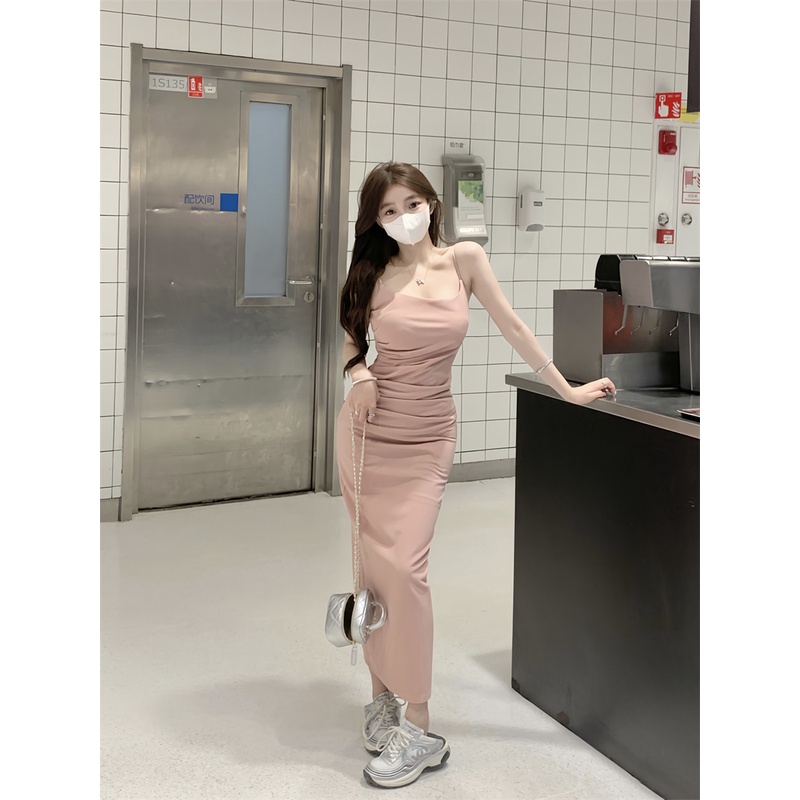 ▲☽Pure desire pink suspender dress wanita musim panas pinggang lipit bag hip mid-length skirt sweet hot girl sleeveless slim skirt