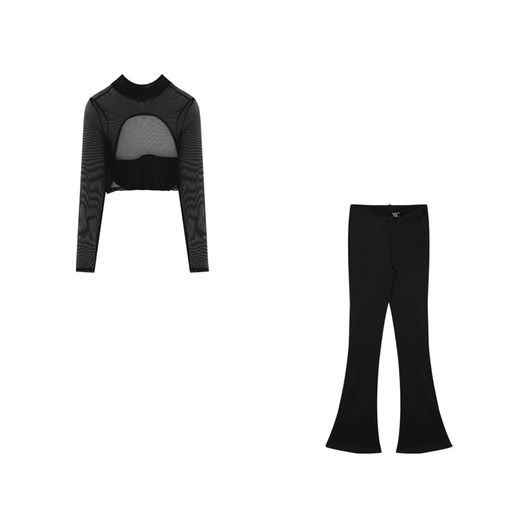 ♣#COD Suhao Pure Desired Mesh T-shirt Wanita Musim Panas Setengah Tinggi Kerah Hitam Hot Gadis Telanjang Seksi Slim Slim lengan Panjang Atasan Pendek