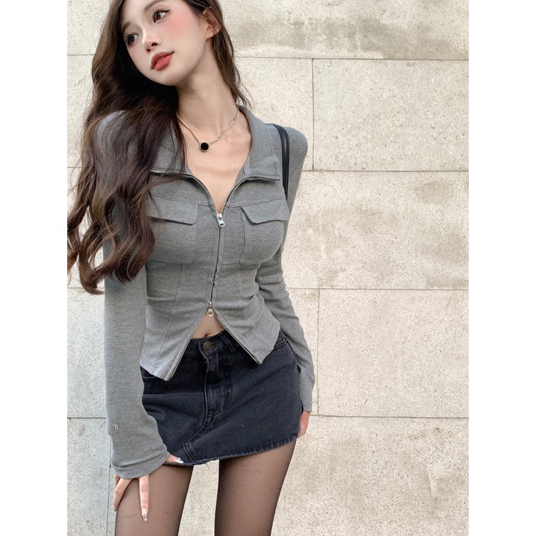 ❇♕#COD Suhao Grey Hot Girl Short Coat Wanita In Tide Musim Semi 2023 Baru Ritsleting Temperamen Slim Slim Atasan Lengan Panjang