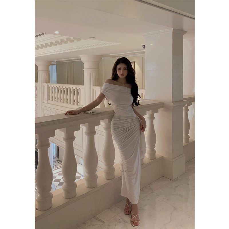 ☸♦#COD Suhao Keinginan Murni Putih Satu Bahu Lengan Pendek Gaun Wanita Musim Panas Gadis Rok Seksi Pinggang Ketat Tas Hip mid-Length Rok