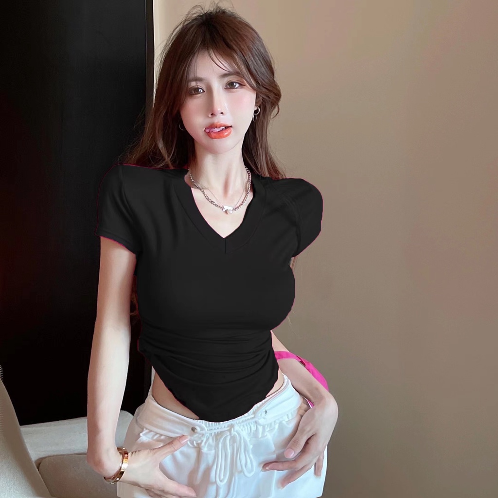 ☊#COD Suhao hot girl V-neck lengan pendek T-shirt wanita musim panas 2023 baru gaya keinginan murni seksi hem tidak beraturan slim fit dan top tipis