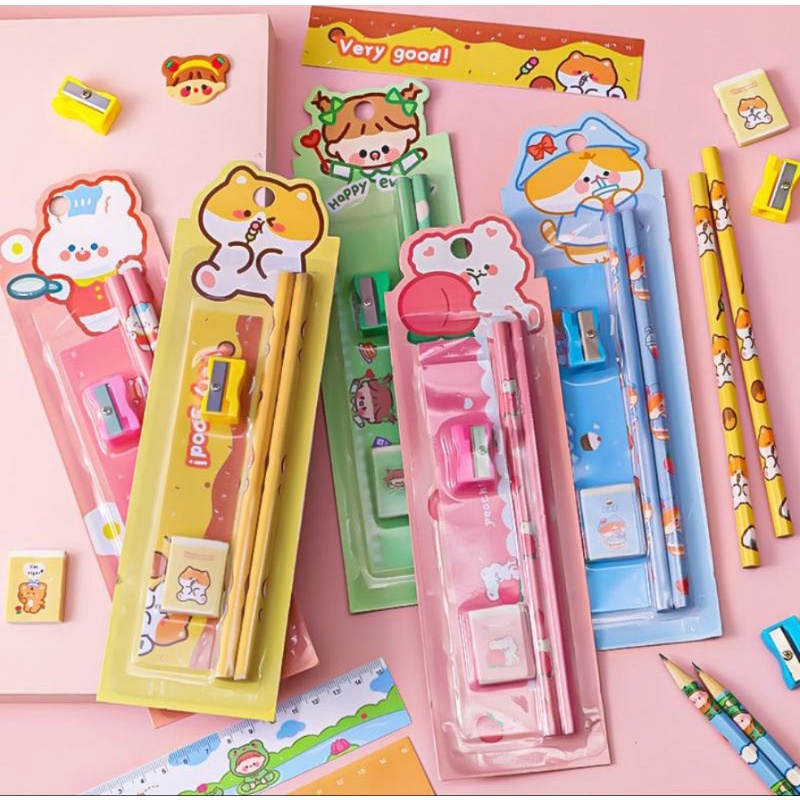 

kinn - alat tulis sekolah mini set 5in 1 - pensil rautan penggaris penghapus