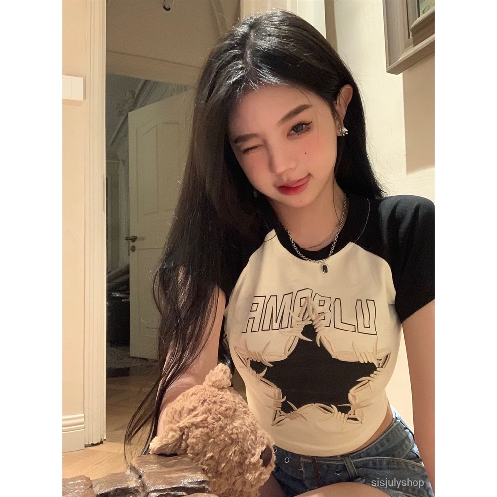 [✅BISA COD] #Sisjuly# Atasan Y2K wanita / bintang bentrokan vintage Amerika bersulam kaos lengan pen