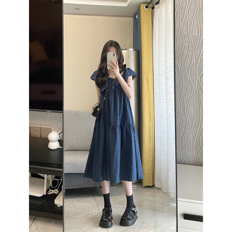 French retro square collar flying sleeve dress wanita musim panas rasa desain kotak-kotak biru A-line rok mid-length