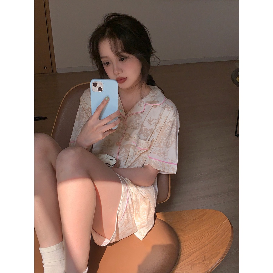 ♗✐™stelan baju tidur wanita Xinbangbang Homedress summer retro pattern short-sleeve pyjamas students comfortable and breathable outer wear home clothes women #COD baju tidur wanita bahan kaos