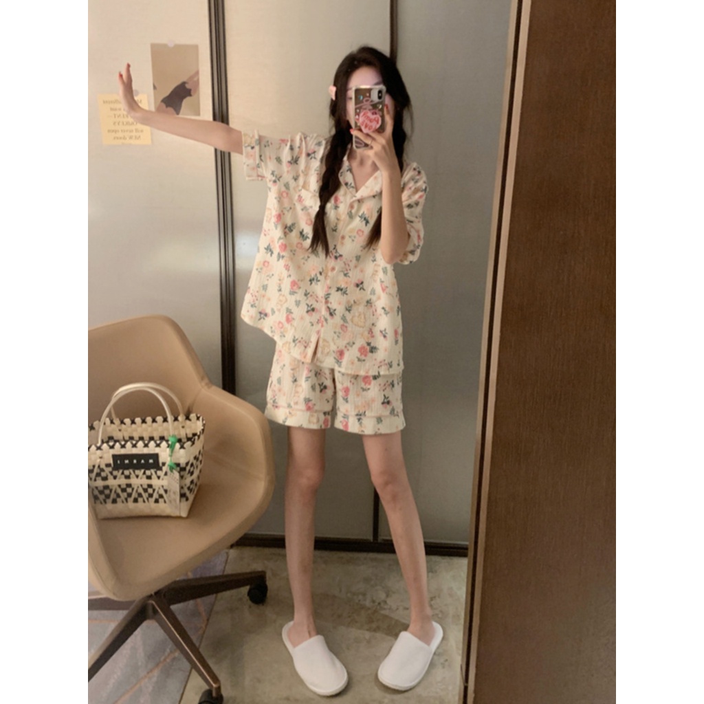 ❦∈stelan baju tidur wanita pajamas summer women s pure cotton yarn cute small fresh floral rabbit ins style student short-sleeved home service suit #COD baju tidur wanita bahan kaos