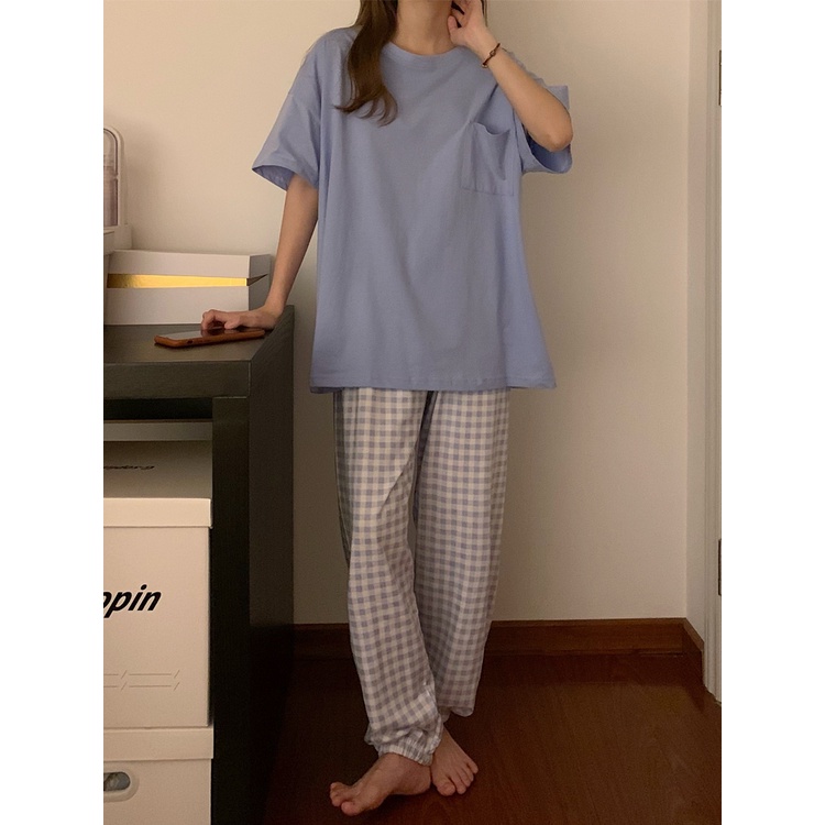 ✕stelan baju tidur wanita Korean ins style Hyuna pajamas women s summer short-sleeved cotton net red spring and autumn trousers can be used outside home service suit #COD baju tidur wanita bahan kaos