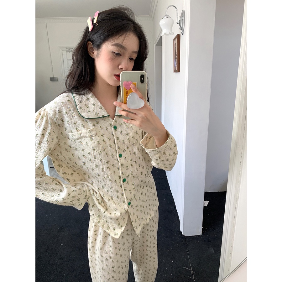 ♞☁✌stelan baju tidur wanita Xinbangbang Homedress autumn small fresh flower pajamas long-sleeved trousers sweet home clothes women can wear outside #COD baju tidur wanita bahan kaos