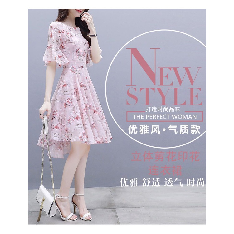 Dress Wanita Musim Panas2022Gaun Floral Sifon Ketat Pinggang Super Peri Kecil midi dress korea dress