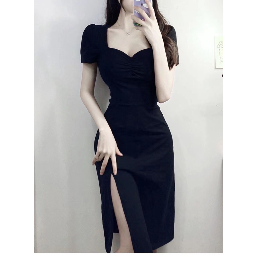 Rayon Gaun Panjang Kerah Persegi Wanita Dewasa Seperti Wanita Keinginan Murni Pinggang Ketat Hitam M