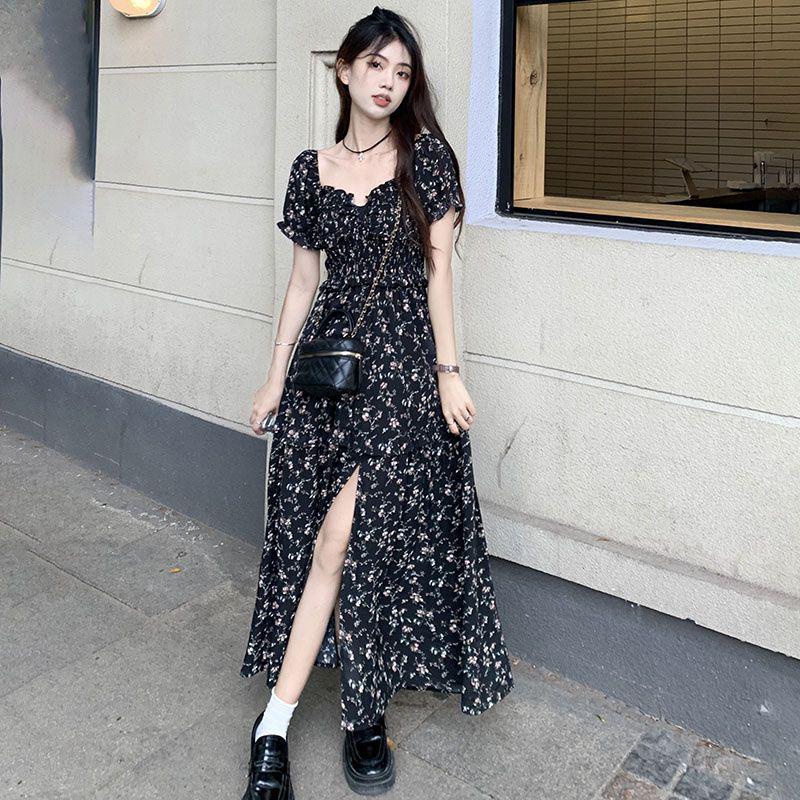 dress floral korea Gaun Lengan Pendek Wanita, Baju Kerah Persegi Gaya Perancis Motif Bunga Musim Pan