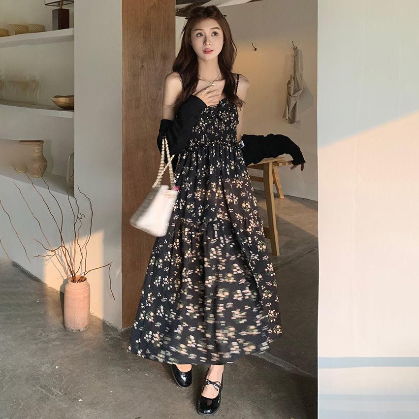 dress floral korea Gaun Lengan Pendek Wanita, Baju Kerah Persegi Gaya Perancis Motif Bunga Musim Pan