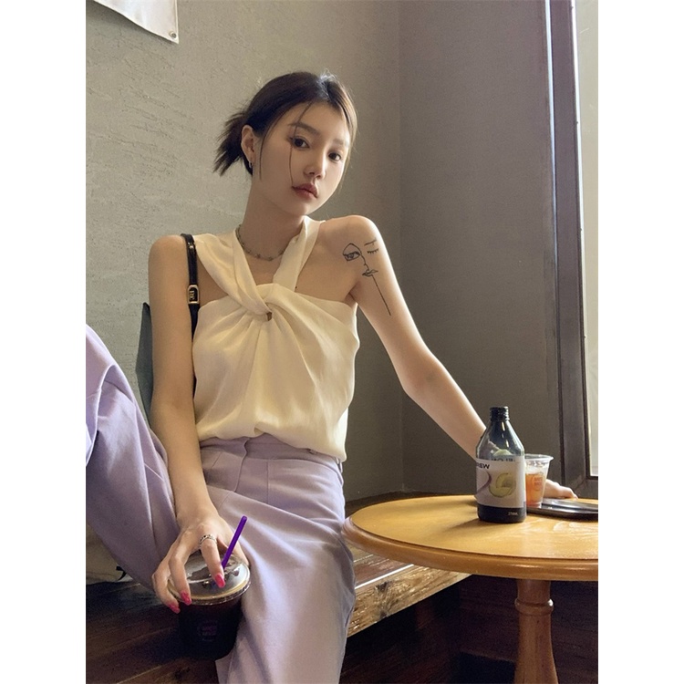 ¤Suhao white halter neck camisole women s summer hot girl off-shoulder bottoming shirt dengan design sense of niche inside and outer memakai crop top sexy tank top motif wanita