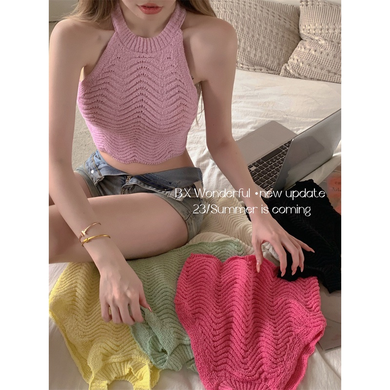 ☊Suhao manis hot gadis I-knit kamisol wanita musim panas bottoming kemeja slim fit dan tipis top pakaian luar crop top tank top wanita motif seksi