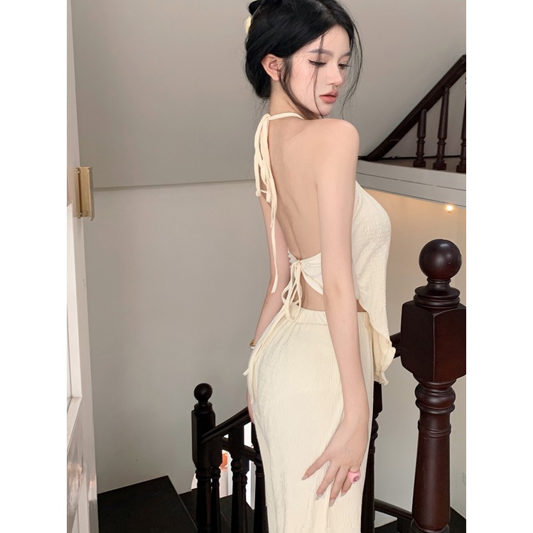 ♧♤✷Suhao hot girl halter neck halter top women s summer suit high waist slit straight leg casual pants two piece set crop top sexy tank top wanita motif