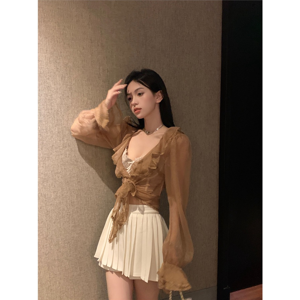 ✽Suhao gadis panas manis V-neck kemeja sifon wanita musim panas bagian tipis tembus pandang renda tabir surya kardigan pendek top coat crop top tank top seksi wanita motif