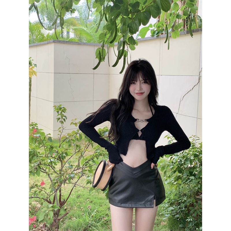 ❁▧♦Suhao Hot Girl Cardigan T-shirt Wanita Musim Semi Desain Rasa Niche 2023 Baru Hitam Tinggi Pinggang Slim Pendek Lengan Panjang Top crop Top Sexy Tank Top Wanita Motif