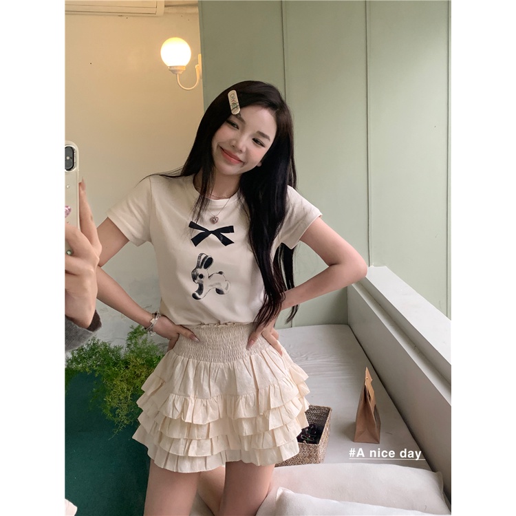 Red kaos 2023 Niche Kelinci T-shirt Wanita Musim Panas Retro Abu-abu Bahu Depan Lengan Pendek Slim Fit Kemeja In Top pasang