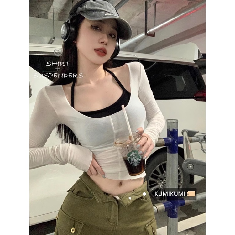 Red kaos Kecil hot gadis seksi setelan slim lengan panjang T-shirt wanita musim panas menggantung leher kecil kamisol atas set dua potong